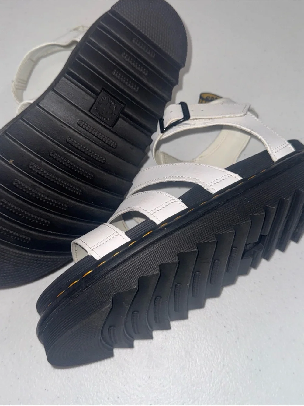 Dr. Martens White Platform Sandals with Yellow Stitching